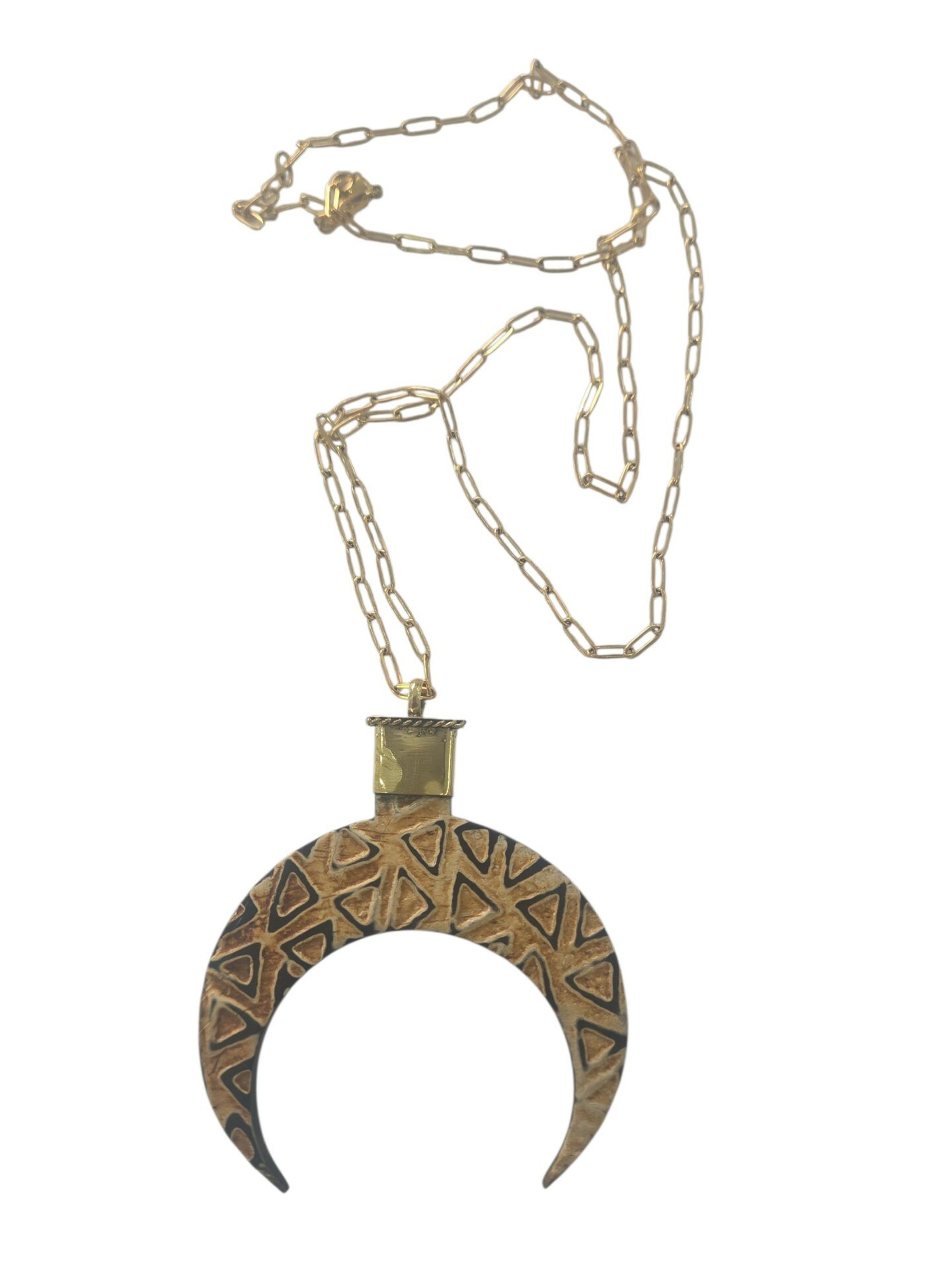 Collana lunga con catena in acciaio e corno in osso ed ottone 
lunghezza 82cm Spedizione Gratuita