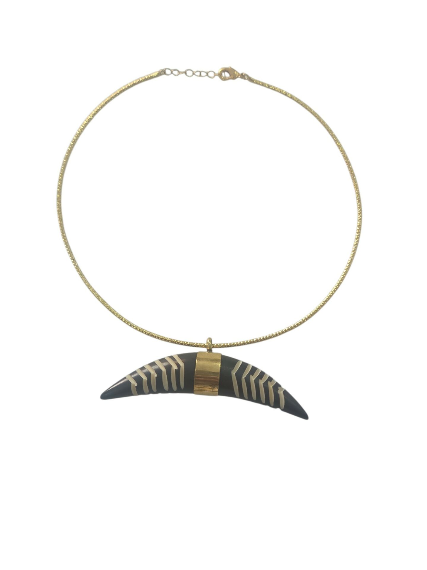 Collana girocollo con catena rigida regoalbile e corno in osso con intarsi Spedizione Gratuita