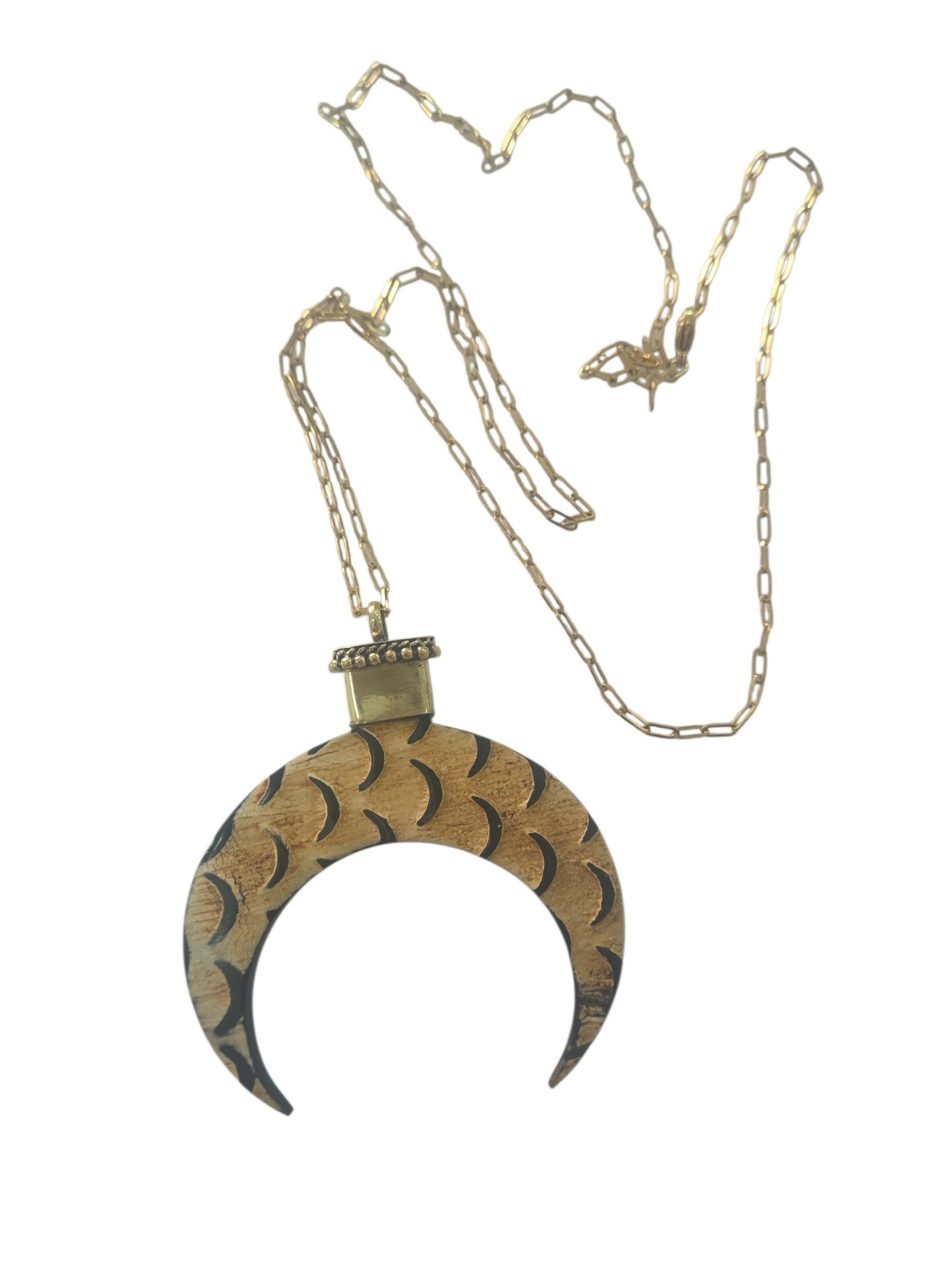 Collana lunga con catena regolabile in acciaio e corno in osso intarsiato ed ottone 
lunghezza 82cm Spedizione Gratuita