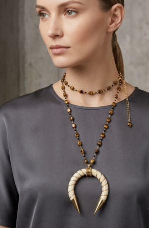 Collana lunga regolabile,possibilità di fare doppio giro, realizzata con corno in osso ed ottone e pietre occhio di tigre
lunghezza 106cm Spedizione Gratuita