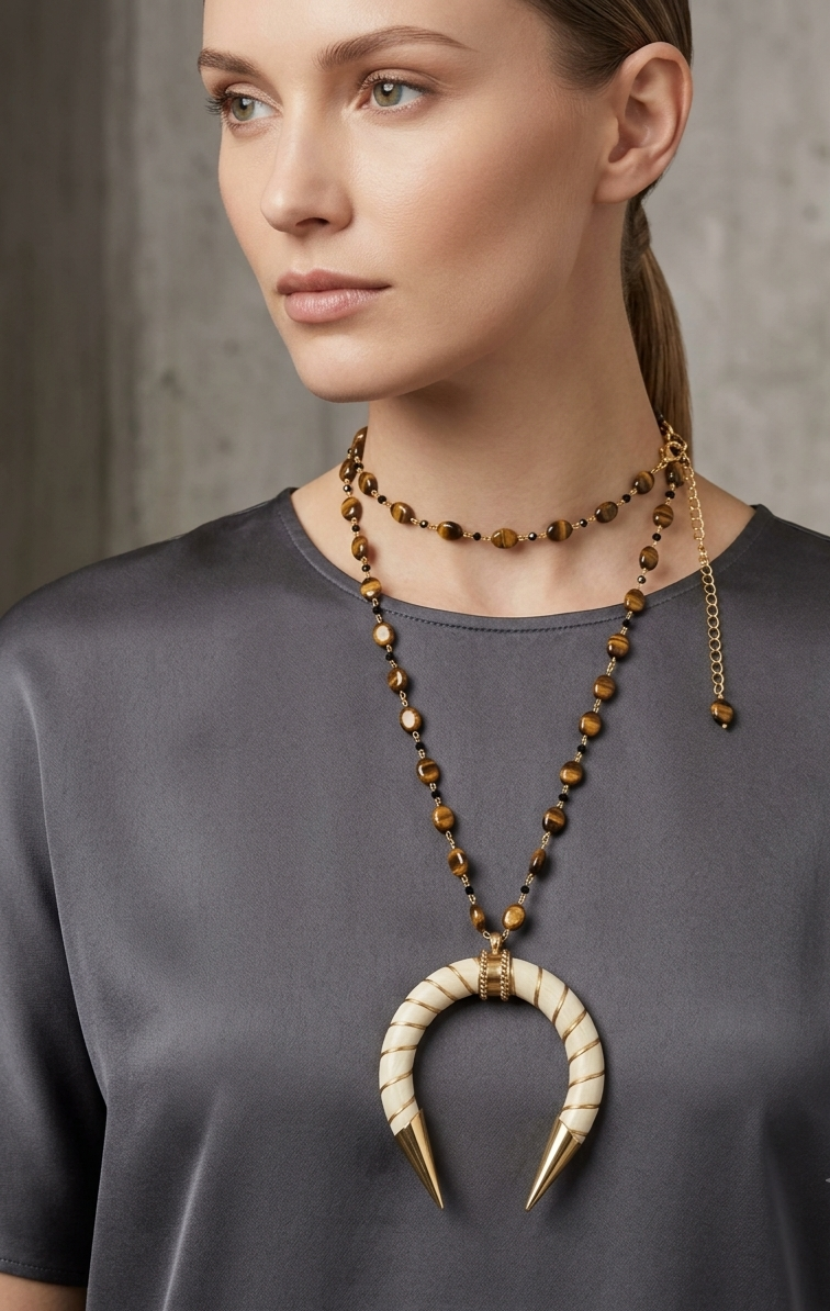 Collana lunga regolabile,possibilità di fare doppio giro, realizzata con corno in osso ed ottone e pietre occhio di tigre
lunghezza 106cm Spedizione Gratuita Collana lunga regolabile,possibilità di fare doppio giro, realizzata con corno in osso ed ottone e pietre occhio di tigre
lunghezza 106cm Spedizione Gratuita