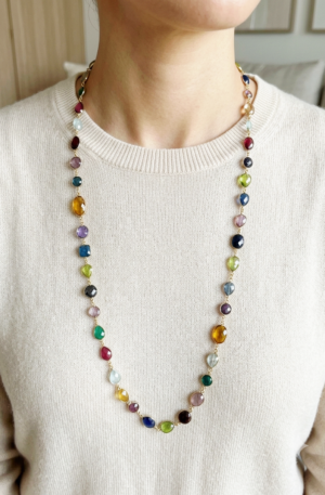 Collana lunga realizzata con quarzi multicolore contornati da ottone in varie forme possibilità di farla doppio giro.
lunghezza 1m Spedizione Gratuita