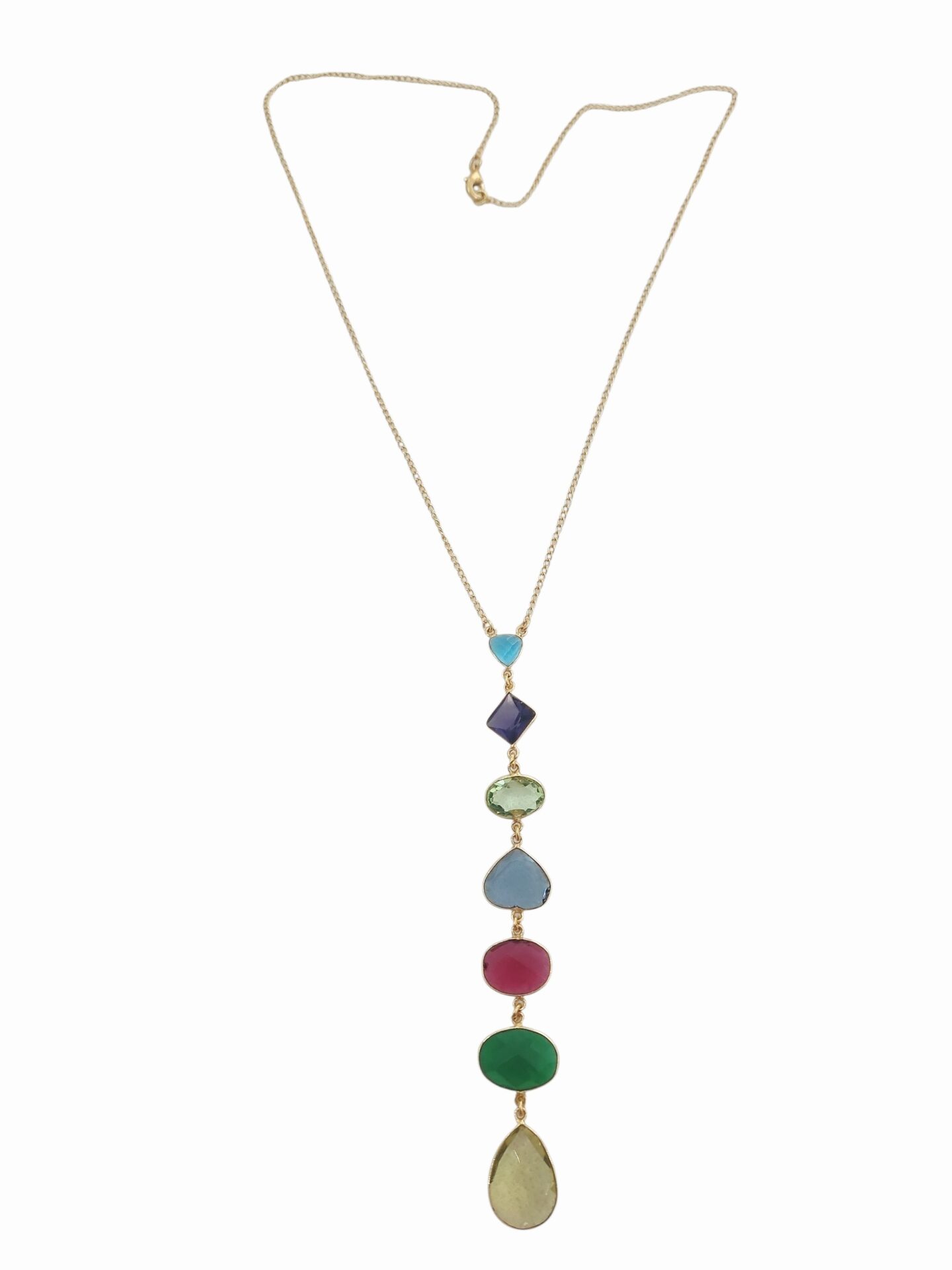 Collana girocollo con catenella dorata e pendente centrale con quarzi multicolore in varie forme 
lunghezza ciondolo 13cm
lunghezza catena 57cm Spedizione Gratuita