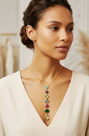 Collana girocollo con catenella dorata e pendente centrale con quarzi multicolore in varie forme 
lunghezza ciondolo 13cm
lunghezza catena 57cm Spedizione Gratuita
