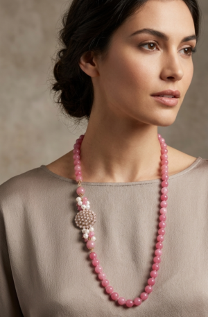 Collana lunga lunga realizzata con giada e laterale con perle di fiume, quarzi su base in ottone 
lunghezza 82cm Spedizione Gratuita