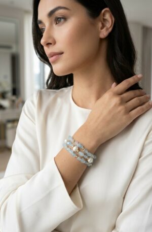 Bracciale realizzato con 3 fili di calcedonio, perle di fiume ed ematite.lumghezza regolabile 21cm Spedizione Gratuita