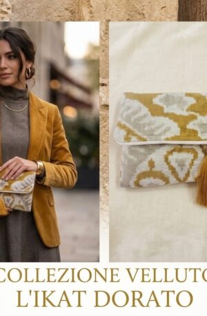 Borsa busta in velluto senape e beige chiaro,con nappina senape, foderata internamente. Dotata di tracollina dorata e bottone magnetico
misure L 27 H 15 Spedizione Gratuita