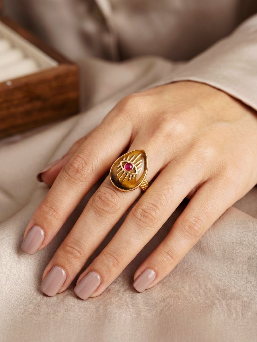 Anello regolabile realizzato in ottone con occhio di tigre ed occhio con radice di rubino centrale Spedizione Gratuita Anello regolabile realizzato in ottone con occhio di tigre ed occhio con radice di rubino centrale Spedizione Gratuita