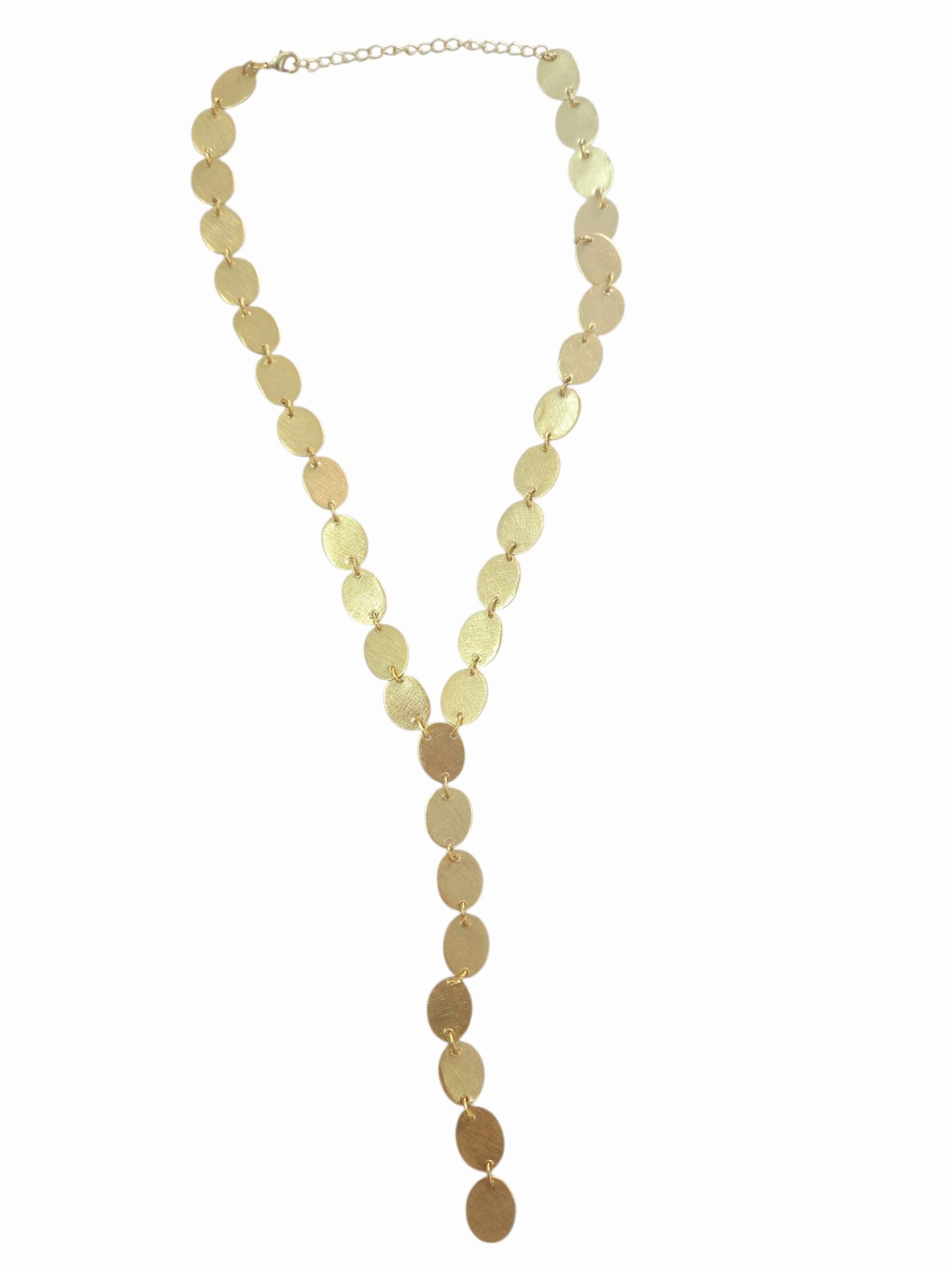 Collana regolabile realizzata con ovali dorati zigrinati in ottone,super leggera.
lunghezza 46cm Spedizione Gratuita