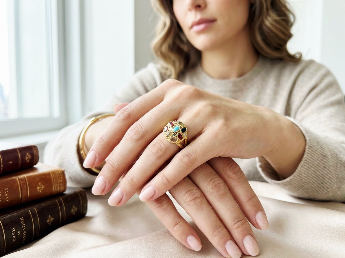 Anello regolabile realizzato su ottone con quarzi multicolore incastonati Spedizione Gratuita