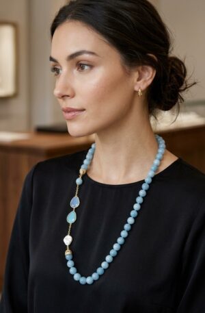 Collana lunga realizzata con calcedonio,perla di fiume piatta ed occhio di gatto.
lunghezza 78 cm Spedizione Gratuita