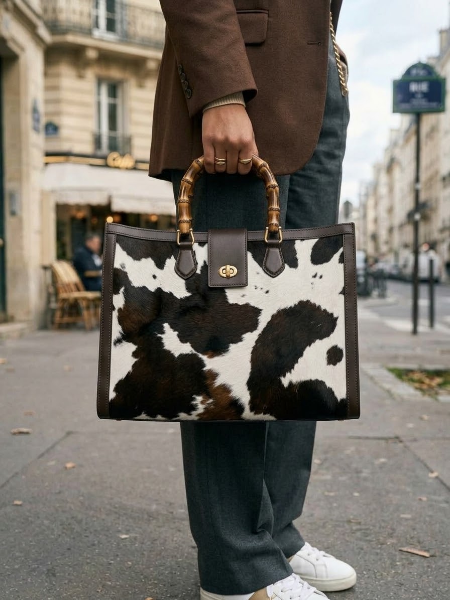 Borsa in cavallino muccato e vera pelle marrone,made Italy,manici in bambù,dotata di tracolla. Interno foderato scomparto unico con tasche laterli aperte e con zip. Chiusura con zip e cursore clip.
misure L46 B16 H33 Spedizione Gratuita