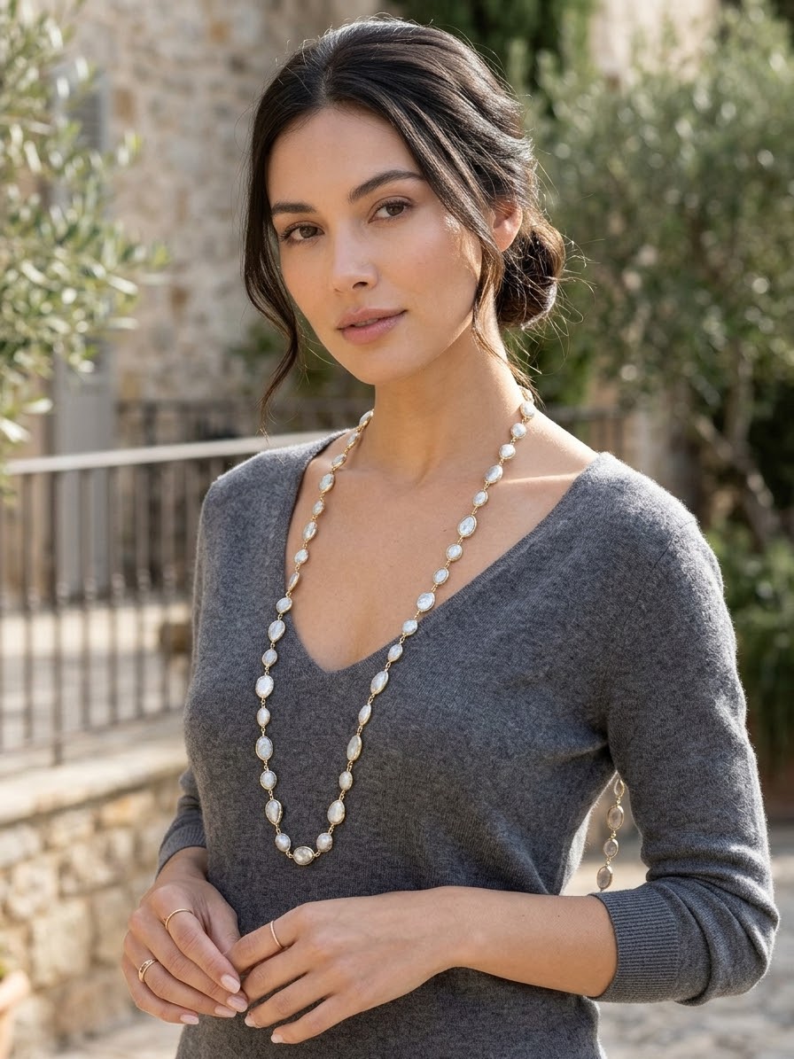 Long necklace made with irregular flat river pearls in various shapes, surrounded by brass, with a lobster clasp closure and the option of a double wrap. Length: 98cm Free shipping Collana lunga realizzata con perle di fiume piatte irregolari e in varie forme contornate da ottone,chiusra con mochettone possibilità di farla doppio giro. lunghezza 98cm Spedizione Gratuita