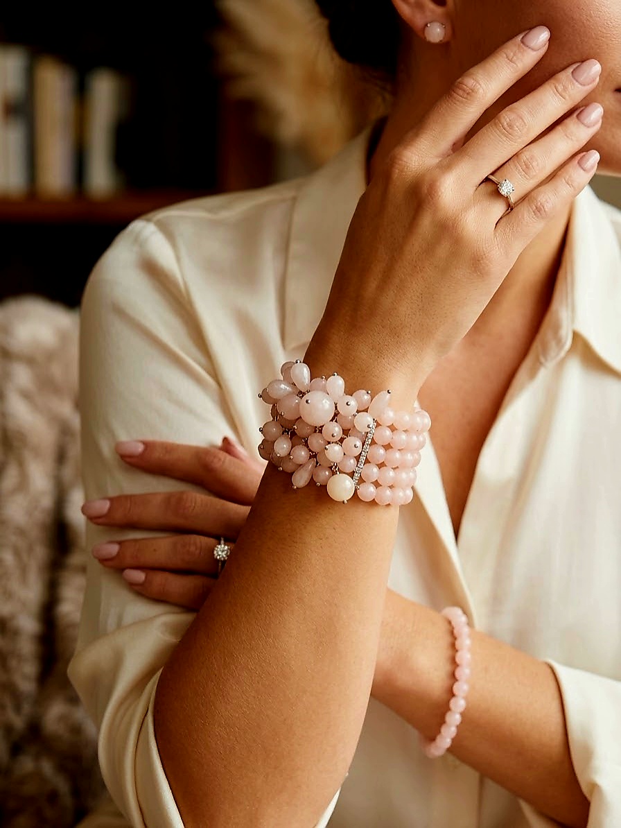 Bracciale elasticizzato realizzato con agata sferica,a goccia e tonda piatta rosa cipria,4 fili con pendneti centrali Spedizione Gratuita Bracciale elasticizzato realizzato con agata sferica,a goccia e tonda piatta rosa cipria,4 fili con pendneti centrali Spedizione Gratuita