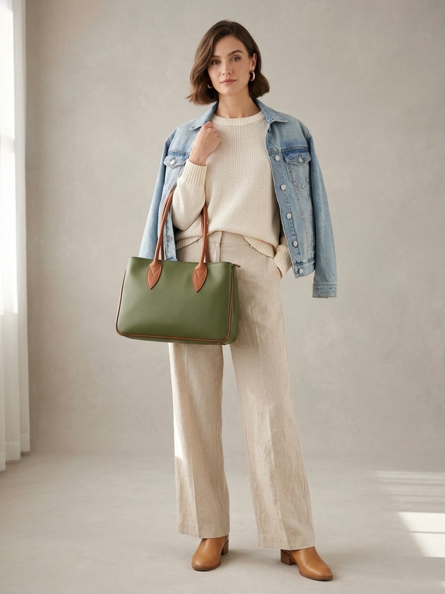 Borsa in vera pelle verde militare e cuoio,made Italy, con manico ampio,interno foderato con 3 scomparti e tasche laterali. chiusura con zip.Misure H24 B15 L33 Spedizione Gratuita