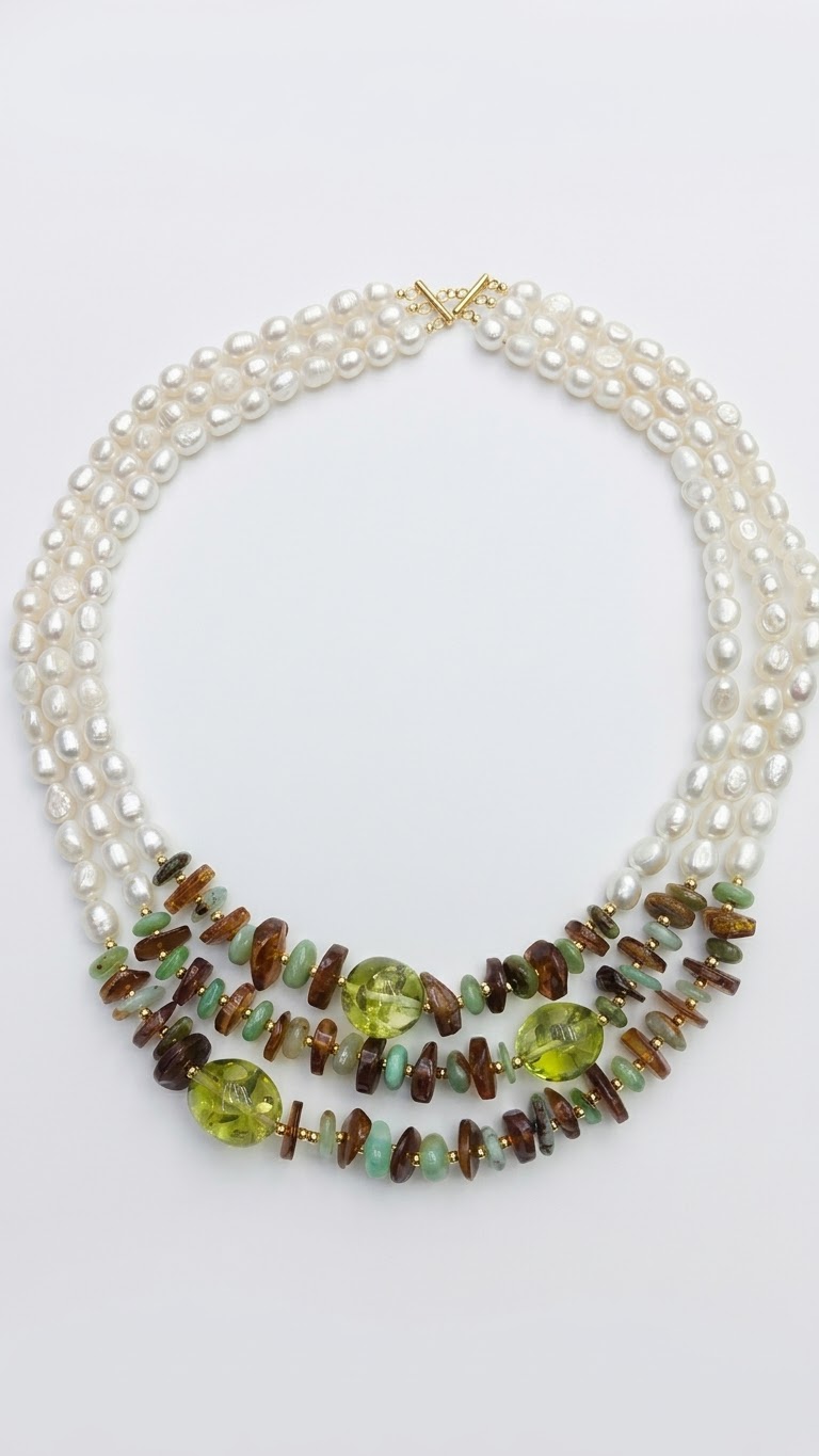 Collana girocollo realizzata con tre fili composta da perle di fiume,ambra naturale gialla e verde, crisoprasio ed ematite. lunghezza 55cm Spedizione Gratuita